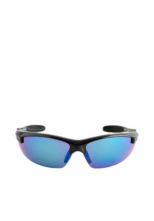 Black sports sunglasses with curved blue reflective lenses and wraparound frame on a white background.