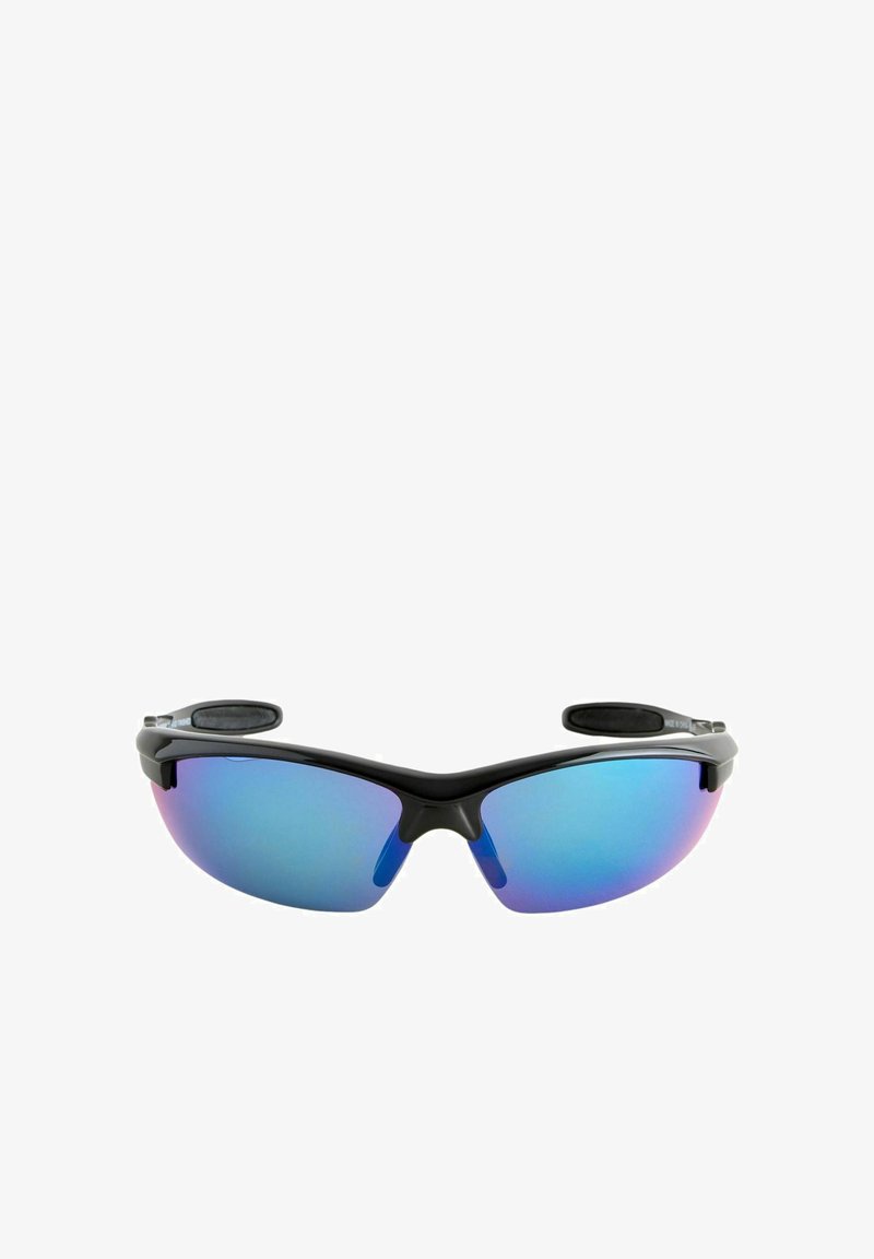 Lunettes de sport noires avec des verres réfléchissants bleus incurvés et une monture enveloppante sur fond blanc.