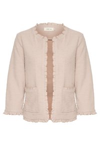 Light pink textured open-front jacket with ruffled edges on collar, sleeves, hem, and two front patch pockets.