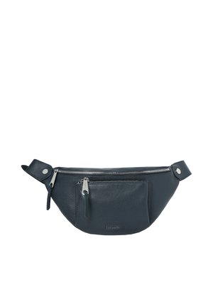 Black leather waist bag with two zippered compartments and adjustable snap straps on each side.