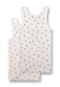 Cotton tank tops, white with small floral patterns in pink, yellow, and green. Features adjustable straps and lace trim at neckline and hem.