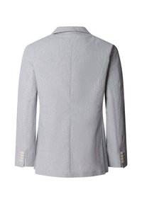 Svjetlosivi sako s tankim prugama, dugim rukavima, ovratnikom s prorezima i četiri bijela gumba na svakom manžetu, prikazan s leđa.