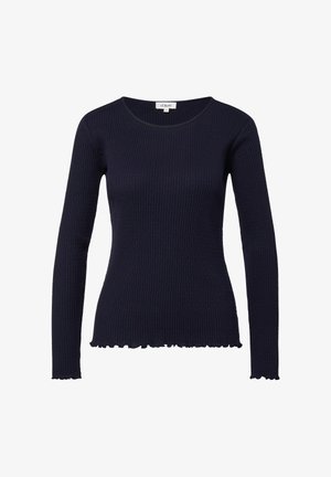 Haut bleu marine à manches longues côtelées avec un col rond et des bords ondulés aux manches et à l'ourlet.
