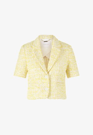 Chaqueta amarilla de tweed de manga corta con superficie texturizada, cuello con muesca y dos botones frontales. Presenta un forro interior en contraste.