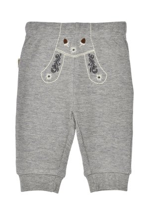 Graue gerippte Babyhose mit gesticktem Tiergesicht und dekorativen wirbelnden Mustern am vorderen Bund.
