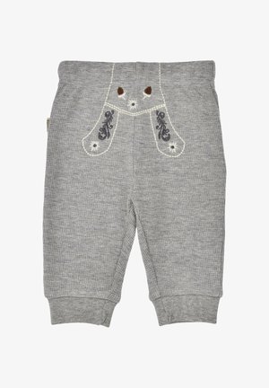 Gray ribbed baby pants with embroidered animal face and decorative swirling patterns on front waistband.