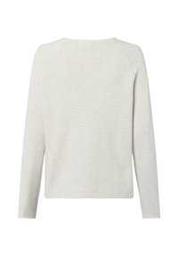Lichtgrijze pullover met lange mouwen, gemaakt van zachte stof. Heeft een ronde hals en een eenvoudig ontwerp met een gladde textuur.