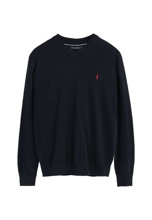 Marineblauwe V-halstrui met lange mouwen en klein rood polo speler logo op de linkerborst.