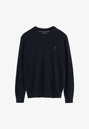 Jersey azul marino con escote en V, de manga larga y pequeño logo de un jugador de polo rojo en el lado izquierdo del pecho.