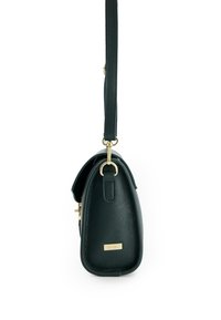 Dark green leather handbag with a rounded shape, gold hardware, and an adjustable strap. Features a logo plate on the side.