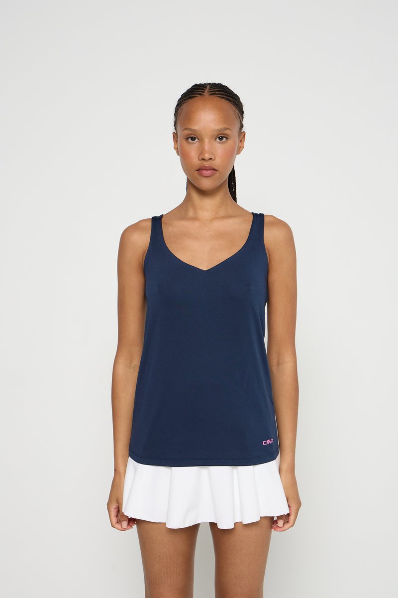 Débardeur sans manches bleu marine avec un décolleté en V, fabriqué dans un tissu lisse. Présente un petit logo rose sur l'ourlet et de larges bretelles.