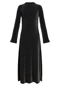 Robe noire à manches longues avec un col montant, présentant une texture étincelante. La silhouette est ajustée en haut et s'évase jusqu'à l'ourlet.