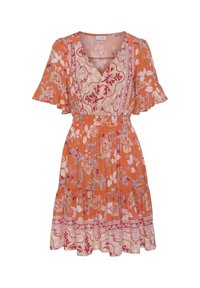 Floral dress in orange, with a V-neck, flutter sleeves, and smocked waist. Features a tiered skirt with contrasting floral patterns and accents.