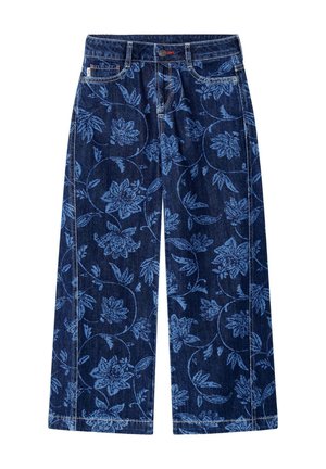 Dunkelblaue Jeans mit weitem Bein und hellblauem Blumenmuster im Fünf-Taschen-Design, dargestellt auf weißem Hintergrund.