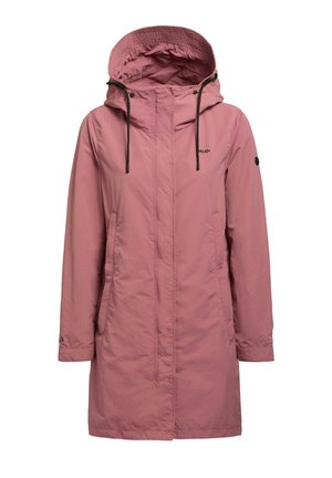 Rozā vieglais mētelis ar kapuci, ar priekšējo rāvējslēdzēju, divām sānu kabatām un regulējamiem auklām. Gluda tekstūra un ikdienišķs dizains.