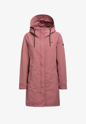 Rozā vieglais mētelis ar kapuci, ar priekšējo rāvējslēdzēju, divām sānu kabatām un regulējamiem auklām. Gluda tekstūra un ikdienišķs dizains.