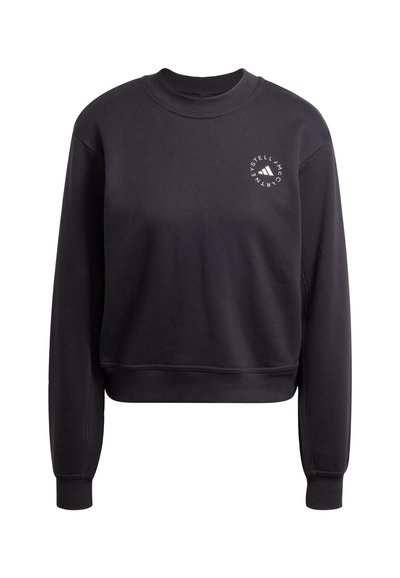 Svart cropped sweatshirt laget av bomull, med lange ermer, rund hals og en logo i øverste venstre hjørne. Glatt tekstur.