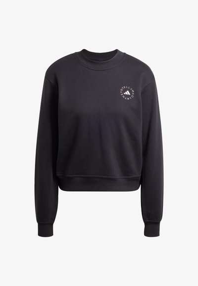 Black cropped sweatshirt made of cotton, featuring long sleeves, a round neckline, and a logo in the upper left corner. Smooth texture.