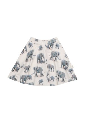 Cotton A-line skirt featuring a multicolor elephant pattern on a light cream background, with an elastic waistband for fit.