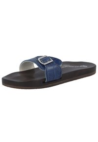 Slide sandal in dark blue faux leather with a textured finish, adjustable silver buckle, and a brown rubber sole. Flat design and open toe.