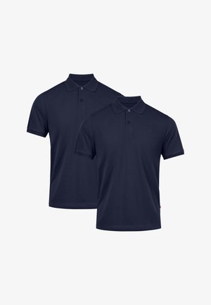 Dos camisetas polo azul marino de tejido de algodón, con un collar clásico, tapeta de dos botones y mangas cortas.