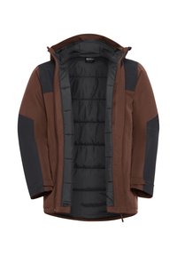 Giacca isolante marrone e nera, con zip frontale, cappuccio e interno imbottito, dotata di tasche laterali e pannelli sulle spalle di colore contrastante.