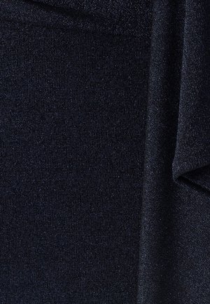 Dark blue, textured fabric with a subtle shimmer. Features fine ribbing and a soft, smooth finish, creating a sleek, consistent appearance.