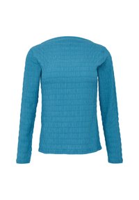 T-shirt à manches longues bleu avec un motif texturé en grille. Encolure arrondie et design ajusté. Fabriqué dans un matériau doux et léger.