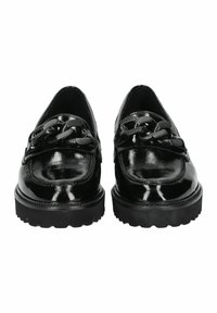 Schwarze Lacklederschuhe mit einem geflochtenen Riemen, runder Zehenform und dicker schwarzer Gummisohle. Glatte Oberfläche mit glänzendem Finish.