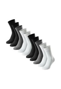 Confezione di dieci calze in vari colori: nero, grigio scuro, grigio chiaro e bianco. Tutte hanno una texture liscia e sono di lunghezza media, fino al polpaccio.