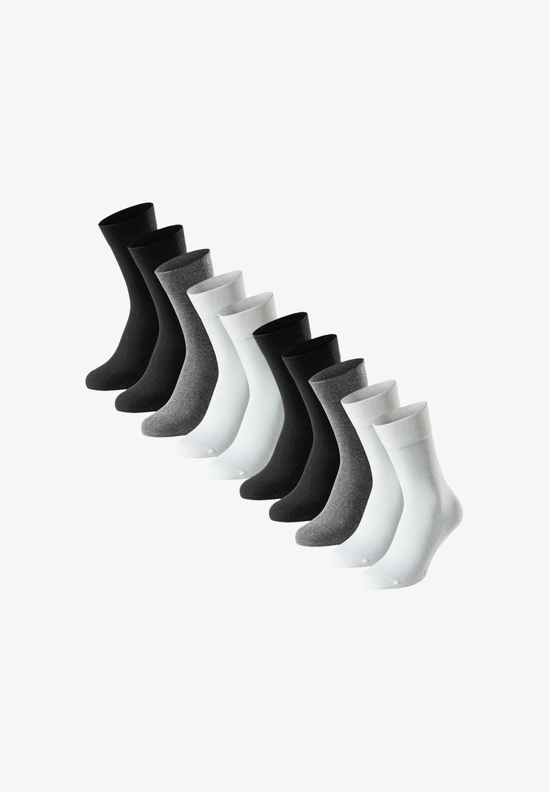 Paket mit zehn Socken in verschiedenen Farben: schwarz, dunkelgrau, hellgrau und weiß. Alle haben eine glatte Textur und eine mittellange Länge bis zur Wade.