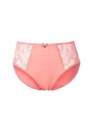 Ropa interior femenina rosa de talle alto con paneles de encaje floral en los lados y un pequeño lazo con charm en el centro superior.