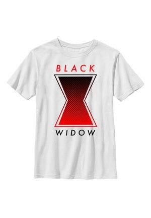 T-shirt blanc avec un design graphique comprenant une forme de sablier rouge, des points noirs et un texte noir en gras indiquant "BLACK WIDOW."