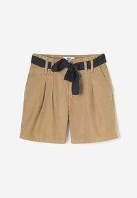 Shorts en kaki avec des plis, une taille noire et un lien en ruban. Fabriqués en coton, comportant des poches latérales et un design droit.