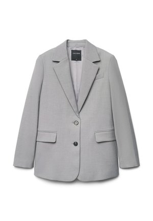 Hellgrauer, einreihiger Blazer mit Kerbkragen, zwei vorderen Pattentaschen, zwei Knöpfen und einem schwarzen Etikett im Krageninnenseite.