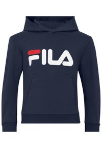 Felpa navy blu con tasca frontale, presenta un grande logo FILA bianco accentuato da dettagli rossi. Realizzata in materiale morbido, con polsini a coste.