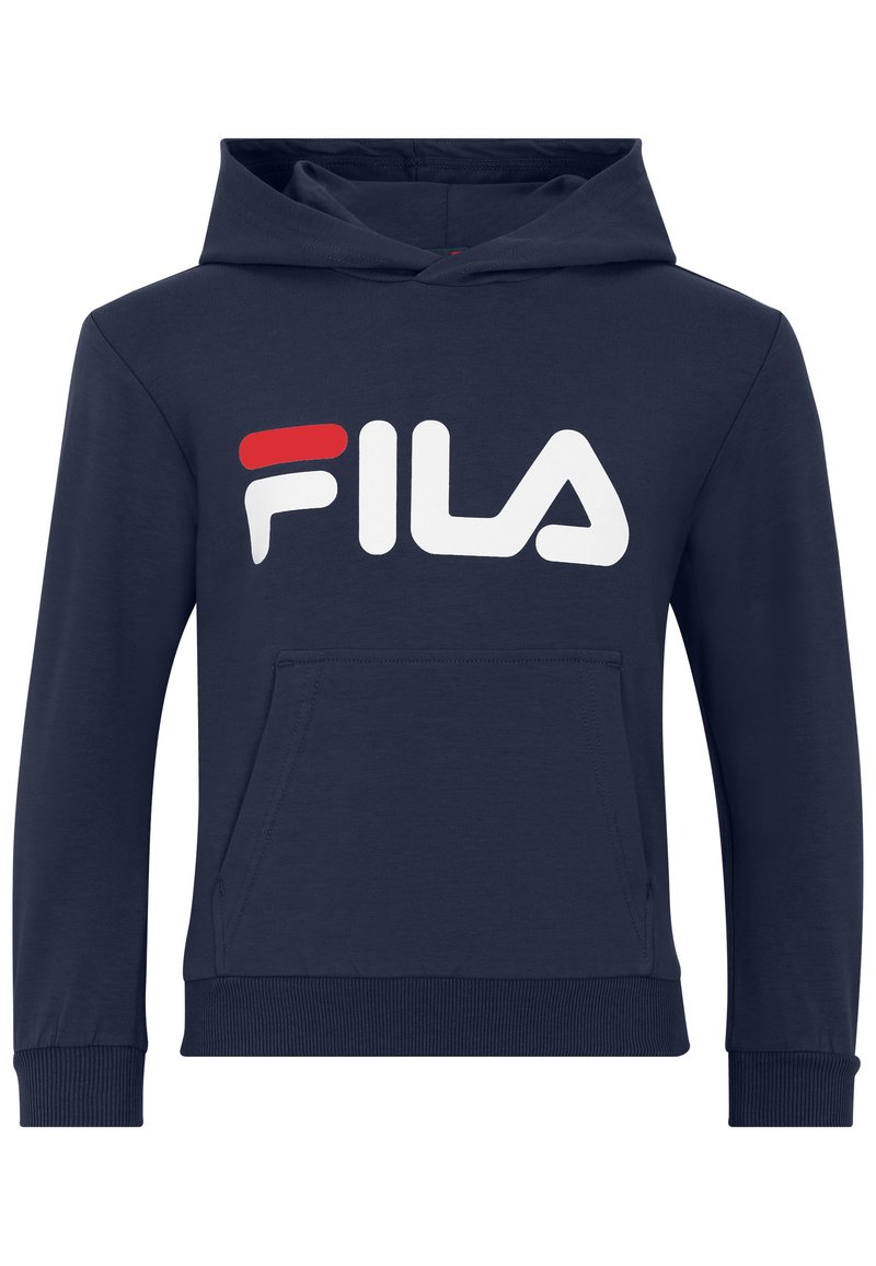 Felpa navy blu con tasca frontale, presenta un grande logo FILA bianco accentuato da dettagli rossi. Realizzata in materiale morbido, con polsini a coste.