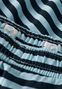 Tessuto a strisce blu e navy con cintura elastica e dettagli con bottoni. Texture liscia e design arricciato, adatto per un abbigliamento casual.