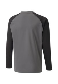 Langarmshirt mit grauem Körper und schwarzen Raglanärmel, aus glattem Stoff gefertigt. Verfügt über einen Rundhalsausschnitt und genähte Nähte.