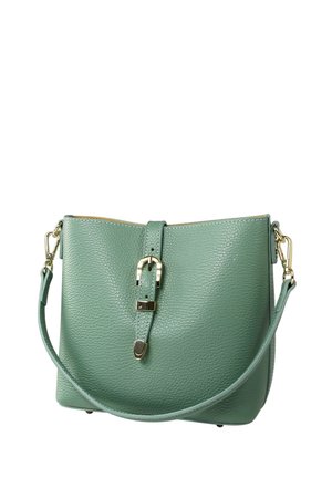 Sac à main en cuir texturé vert menthe avec un accent de boucle en ton doré, bandoulière amovible et une forme structurée. Dispose d'une doublure intérieure lisse.