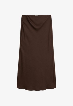 Gonna marrone al ginocchio realizzata in tessuto morbido con un design drappeggiato e una vita elastica per comfort e flessibilità.