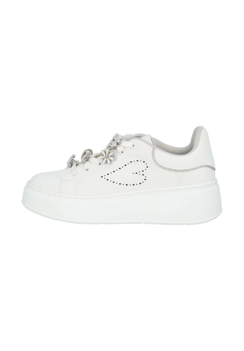 White leather sneakers with a thick white sole, decorative flowers, and studded heart pattern on the side. Smooth texture and lace-up design.