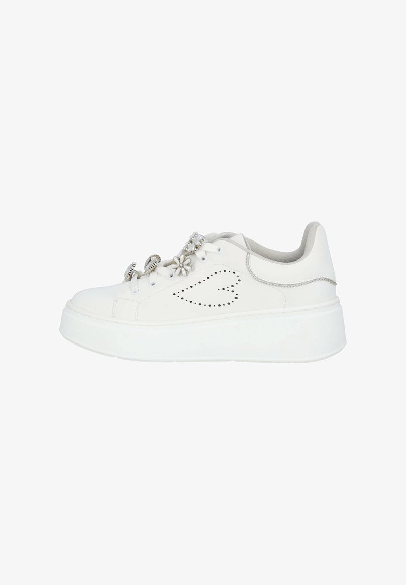White leather sneakers with a thick white sole, decorative flowers, and studded heart pattern on the side. Smooth texture and lace-up design.