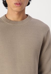 Beige knitted sweater with a ribbed crew neckline, textured fabric, and a relaxed fit. Features subtle stitching detail throughout.