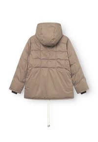 Beige isolierte Jacke mit Kapuze, ausgestattet mit einem gesteppten Design, elastischen Bündchen und einem Kordelzugsaum für eine verstellbare Passform.