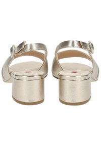 Metalliske guld sandaler med en bred rem, en rund spænde og en kort, kraftig hæl. Glat tekstur med minimale mønsterdetaljer.