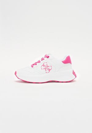 White athletic shoes with pink accents, featuring a textured upper, chunky sole, and logo design on the side. Pink laces complete the look.