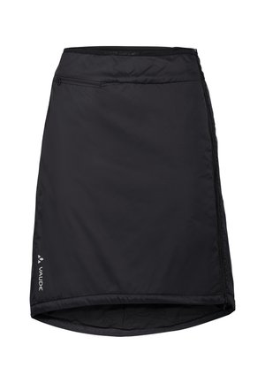 Jupe isolante noire en matériau résistant à l'eau, dotée d'une poche zippée sur le côté et d'un ourlet légèrement courbé pour faciliter les mouvements.