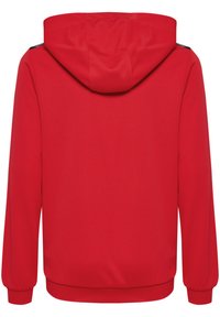 Rød hoodie lavet af struktureret stof. Har hætte, elastiske manchetter og et ensfarvet bagside-design uden synlige hardware eller accenter.
