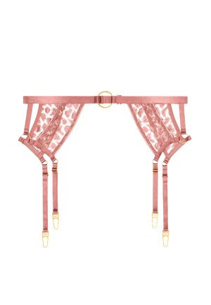 Garter belt en dentelle et satin de couleur rose pâle, avec des garnitures dorées, des bretelles réglables et un détail en forme d'anneau central avec un design semi-transparent.